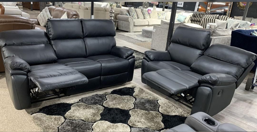 Valencia Leather Recliner Sofa with Cupholders - 3 and 2 Seater - Manual Recliner - Wireless Charging - Bluetooth Speakers (Black, 3+2 Seater)