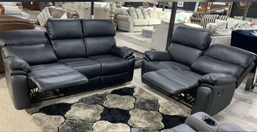 Valencia Leather Recliner Sofa with Cupholders - 3 and 2 Seater - Manual Recliner - Wireless Charging - Bluetooth Speakers (Black, 3+2 Seater)