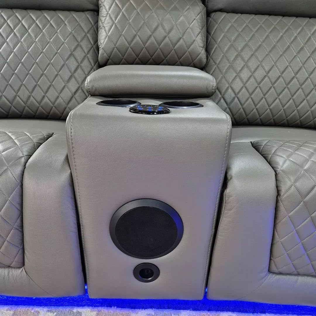 Florida Leather Electric Recliner Sofa Set with Cupholders, LED Lights, Wireless Charging, Bluetooth Speakers, and USB Ports – 3+2 Seater (Grey)
