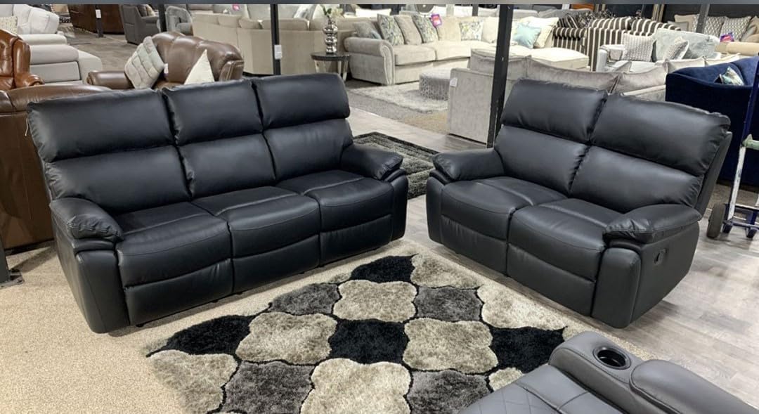 Valencia Leather Recliner Sofa with Cupholders - 3 and 2 Seater - Manual Recliner - Wireless Charging - Bluetooth Speakers (Black, 3+2 Seater)