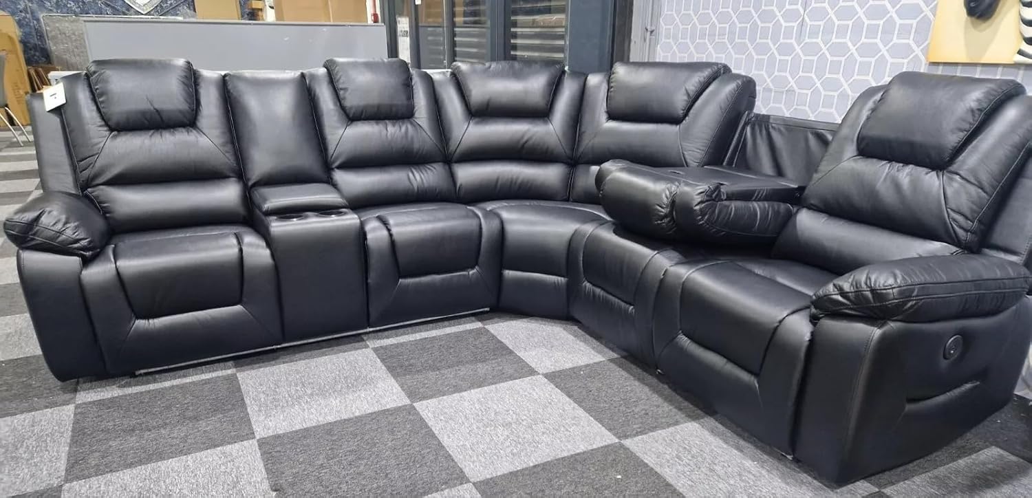 Oxford Leather Electric Recliner Corner Sofa with Cupholders - USB Charging Ports - LED Lights – Leather Corner Sofa (Black)