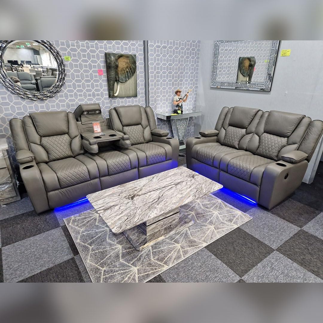 Orlando - Electric Recliners Sofa With Cupholders - 3+2 Seater Sofa Grey/LED Lights/Wireless Charging (Brown, 3 seater + 2 seater)