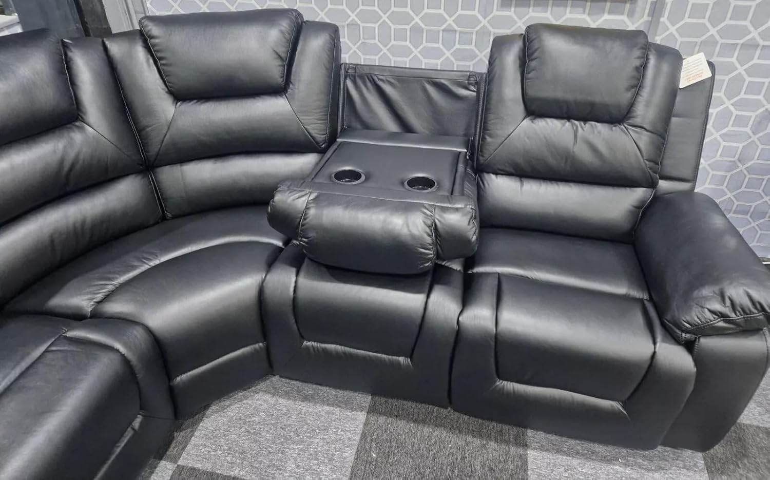 Oxford Leather Electric Recliner Corner Sofa with Cupholders - USB Charging Ports - LED Lights – Leather Corner Sofa (Black)