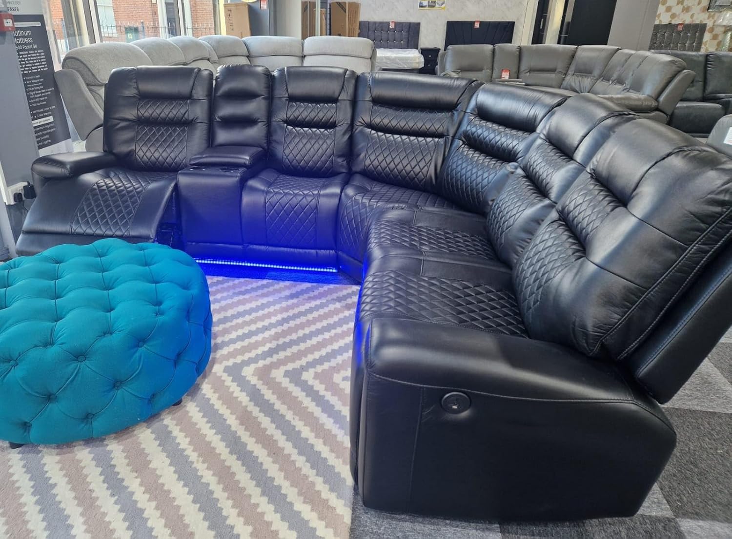 Halifax Leather Electric Recliner Corner Sofa with Cupholders - Power Recliner - USB Charging Ports - LED Lights - Leather Corner Sofa (Black)