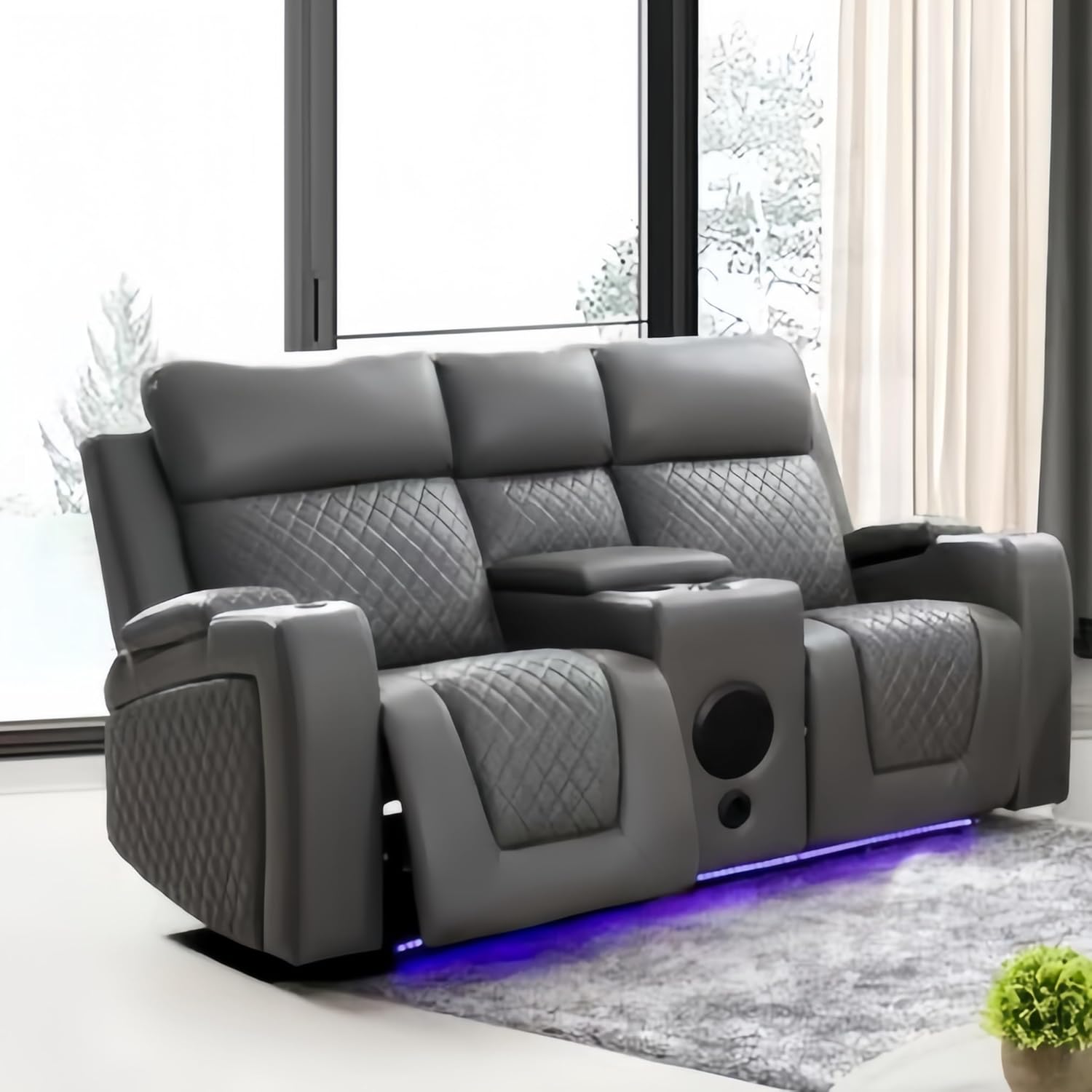 Florida Leather Electric Recliner Sofa Set with Cupholders, LED Lights, Wireless Charging, Bluetooth Speakers, and USB Ports – 3+2 Seater (Grey)