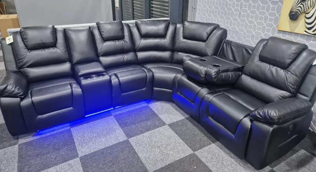 Oxford Leather Electric Recliner Corner Sofa with Cupholders - USB Charging Ports - LED Lights – Leather Corner Sofa (Black)