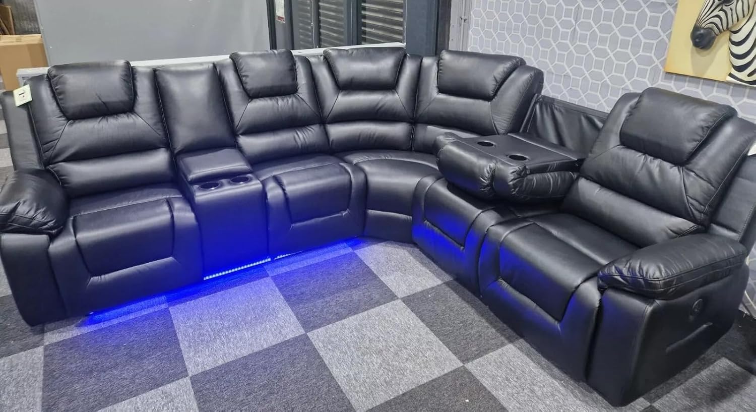 Oxford Leather Electric Recliner Corner Sofa with Cupholders - USB Charging Ports - LED Lights – Leather Corner Sofa (Black)