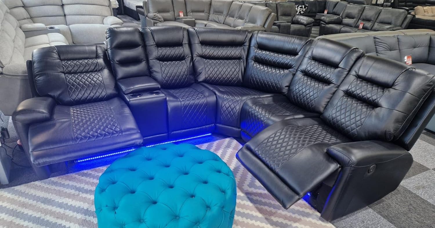 Halifax Leather Electric Recliner Corner Sofa with Cupholders - Power Recliner - USB Charging Ports - LED Lights - Leather Corner Sofa (Black)