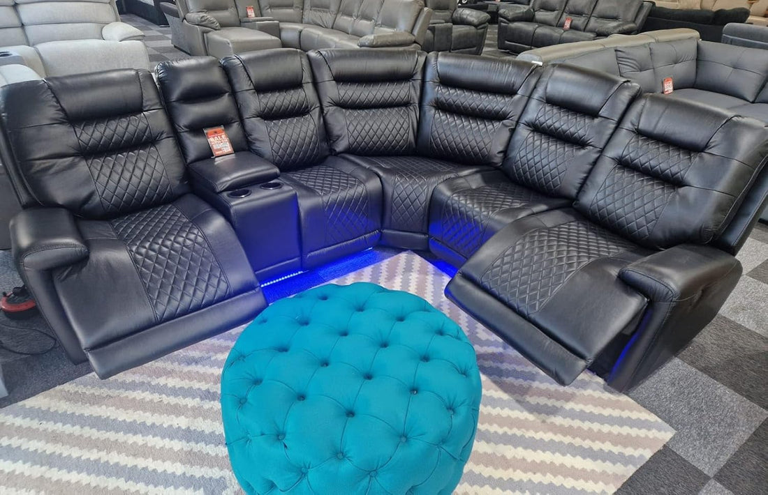 Halifax Leather Electric Recliner Corner Sofa with Cupholders - Power Recliner - USB Charging Ports - LED Lights - Leather Corner Sofa (Black)