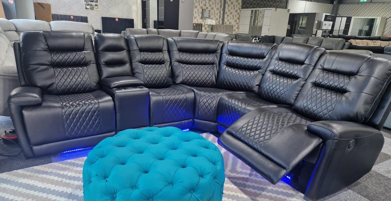 Halifax Leather Electric Recliner Corner Sofa with Cupholders - Power Recliner - USB Charging Ports - LED Lights - Leather Corner Sofa (Black)