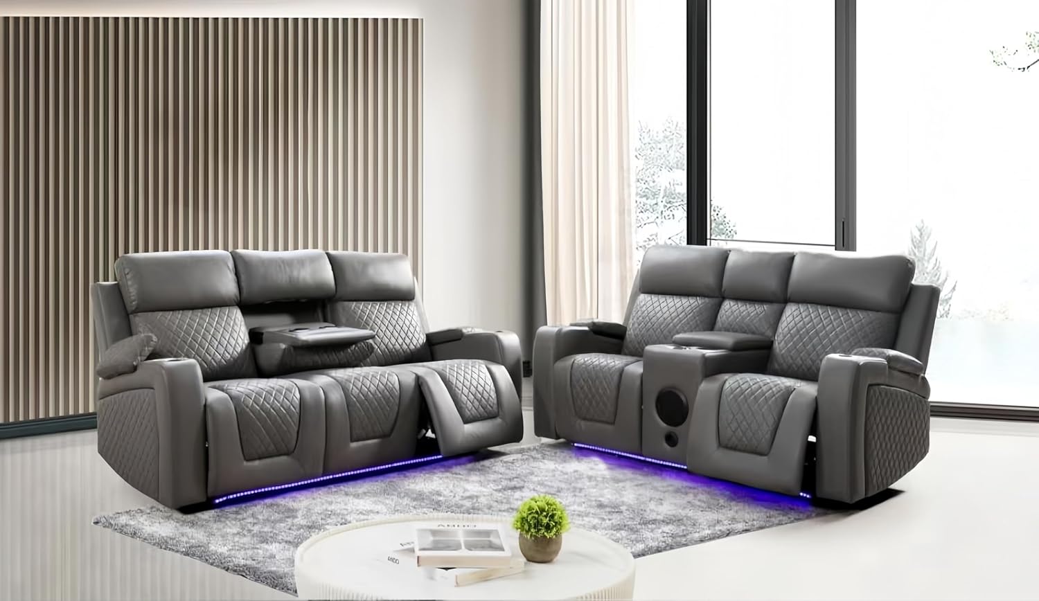 Florida Leather Electric Recliner Sofa Set with Cupholders, LED Lights, Wireless Charging, Bluetooth Speakers, and USB Ports – 3+2 Seater (Grey)