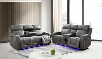 Florida Leather Electric Recliner Sofa Set with Cupholders, LED Lights, Wireless Charging, Bluetooth Speakers, and USB Ports – 3+2 Seater (Grey)