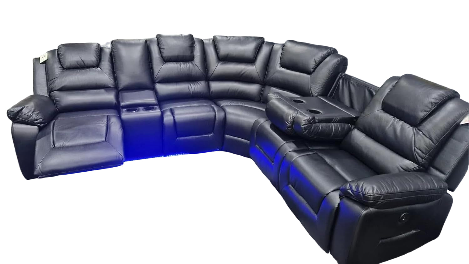 Oxford Leather Electric Recliner Corner Sofa with Cupholders - USB Charging Ports - LED Lights – Leather Corner Sofa (Black)