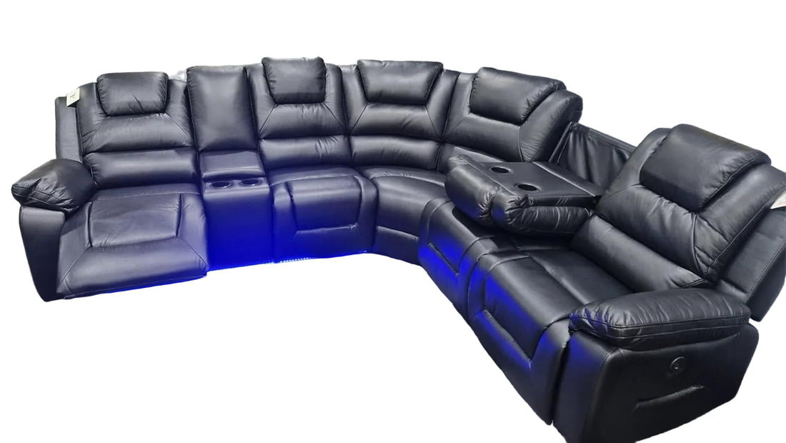 Oxford Leather Electric Recliner Corner Sofa with Cupholders - USB Charging Ports - LED Lights – Leather Corner Sofa (Black)