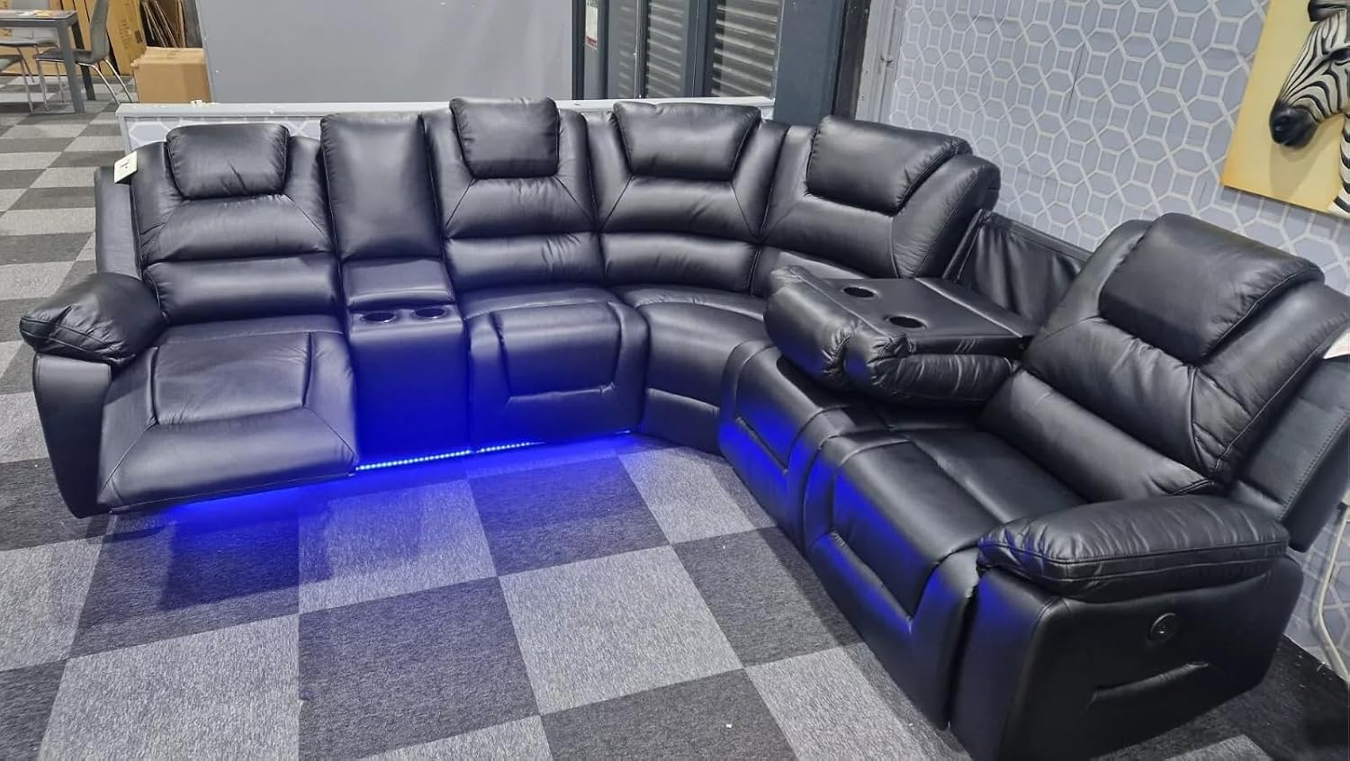 Oxford Leather Electric Recliner Corner Sofa with Cupholders - USB Charging Ports - LED Lights – Leather Corner Sofa (Black)