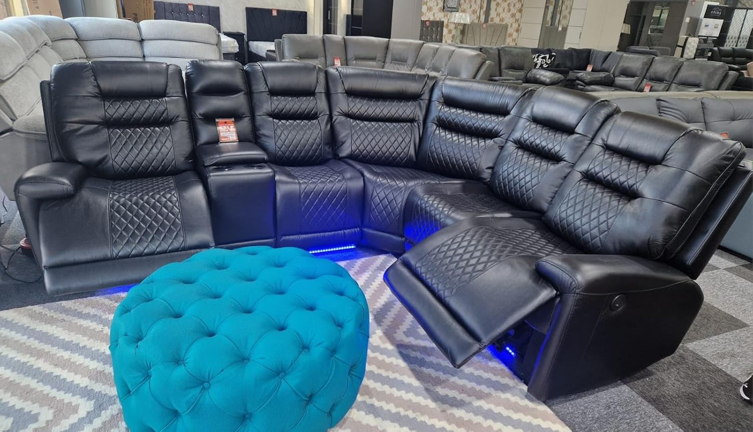 Halifax Leather Electric Recliner Corner Sofa with Cupholders - Power Recliner - USB Charging Ports - LED Lights - Leather Corner Sofa (Black)