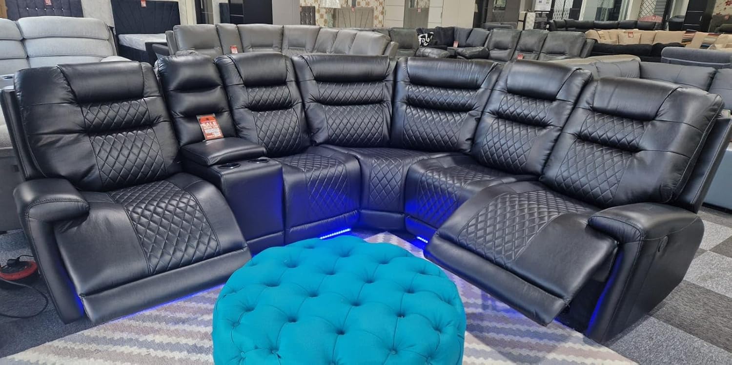 Halifax Leather Electric Recliner Corner Sofa with Cupholders - Power Recliner - USB Charging Ports - LED Lights - Leather Corner Sofa (Black)