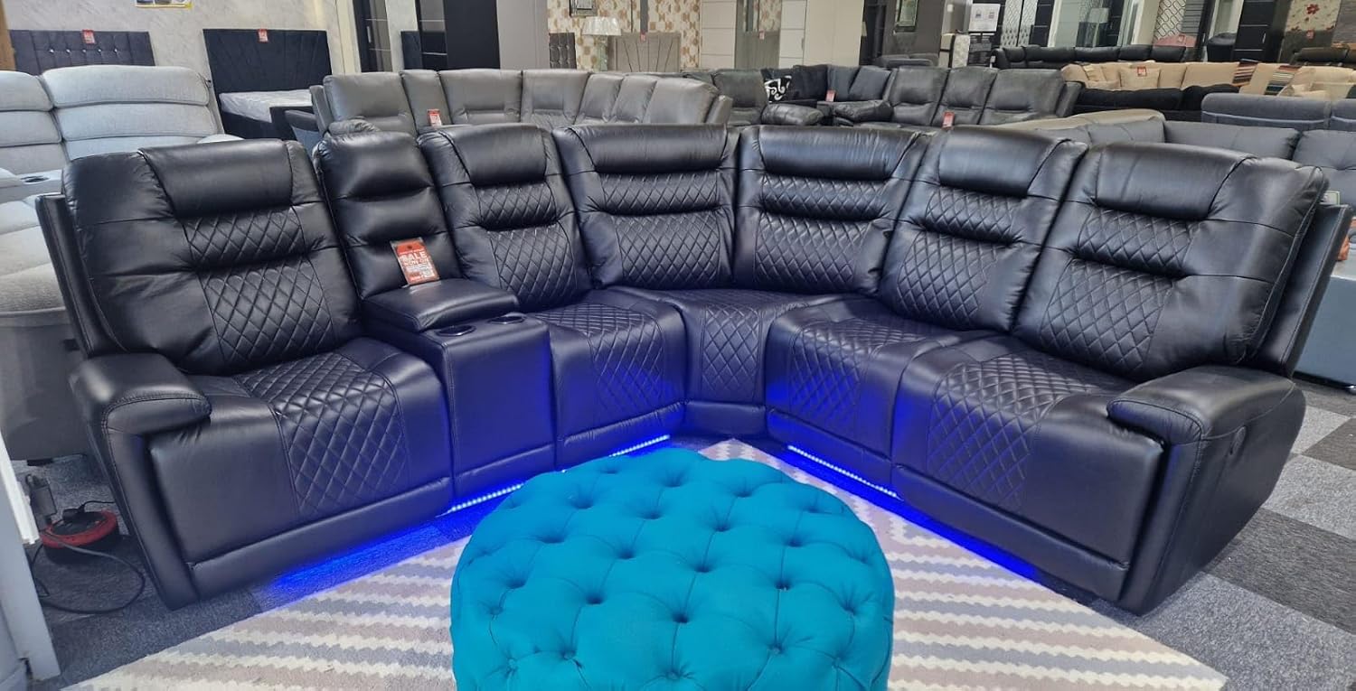 Halifax Leather Electric Recliner Corner Sofa with Cupholders - Power Recliner - USB Charging Ports - LED Lights - Leather Corner Sofa (Black)