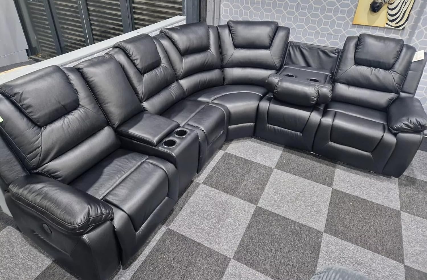 Oxford Leather Electric Recliner Corner Sofa with Cupholders - USB Charging Ports - LED Lights – Leather Corner Sofa (Black)