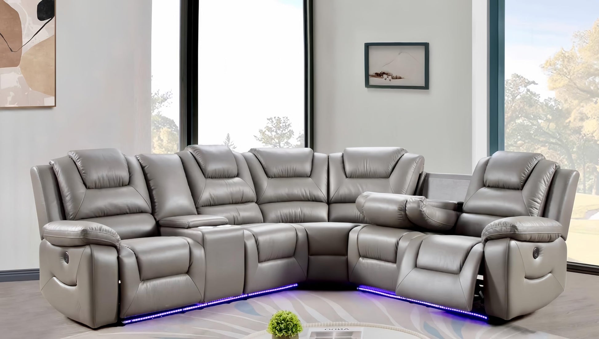 Oxford Leather Electric Recliner Corner Sofa with Cupholders - USB Charging Ports - LED Lights – Leather Corner Sofa (Black)