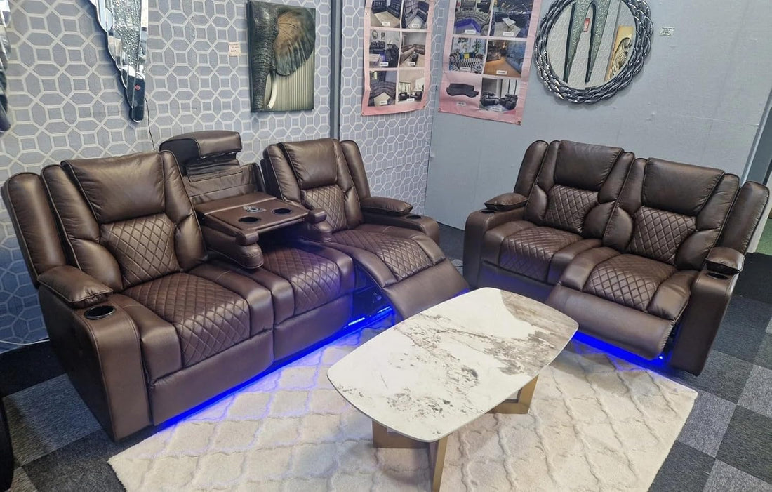 Orlando - Electric Recliners Sofa With Cupholders - 3+2 Seater Sofa Grey/LED Lights/Wireless Charging (Brown, 3 seater + 2 seater)