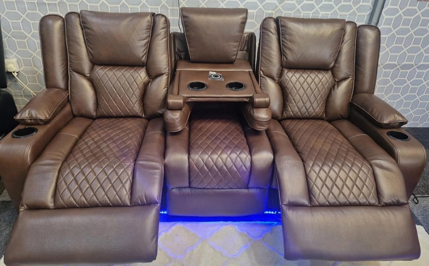 Orlando - Electric Recliners Sofa With Cupholders - 3+2 Seater Sofa Grey/LED Lights/Wireless Charging (Brown, 3 seater + 2 seater)
