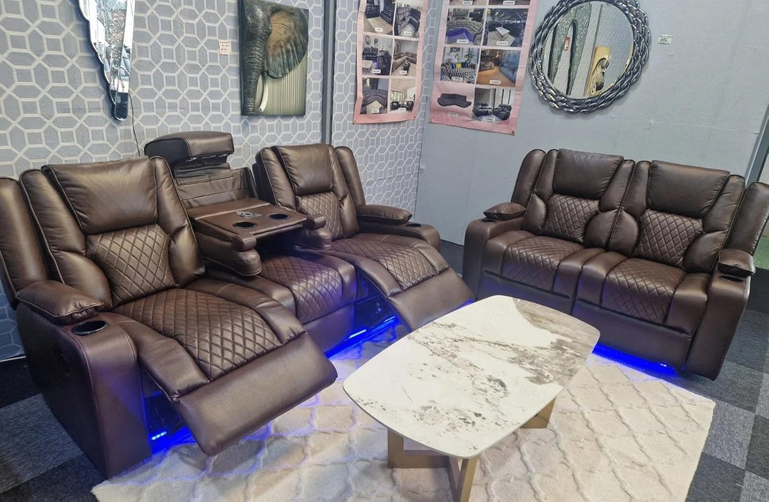 Orlando - Electric Recliners Sofa With Cupholders - 3+2 Seater Sofa Grey/LED Lights/Wireless Charging (Brown, 3 seater + 2 seater)