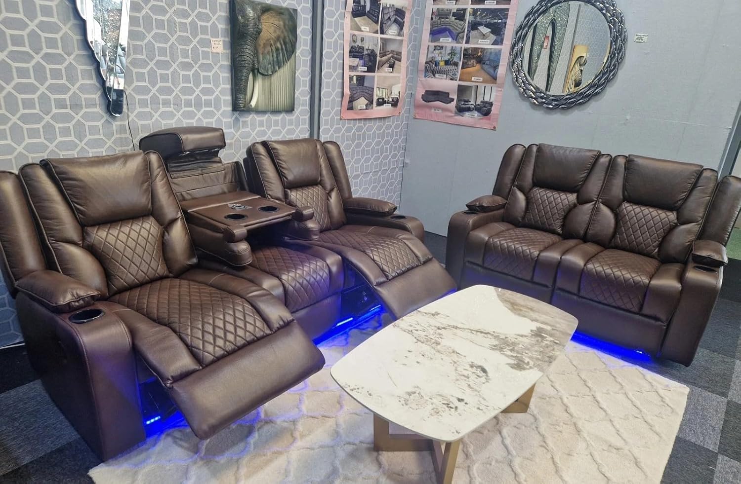 Orlando - Electric Recliners Sofa With Cupholders - 3+2 Seater Sofa Grey/LED Lights/Wireless Charging (Brown, 3 seater + 2 seater)