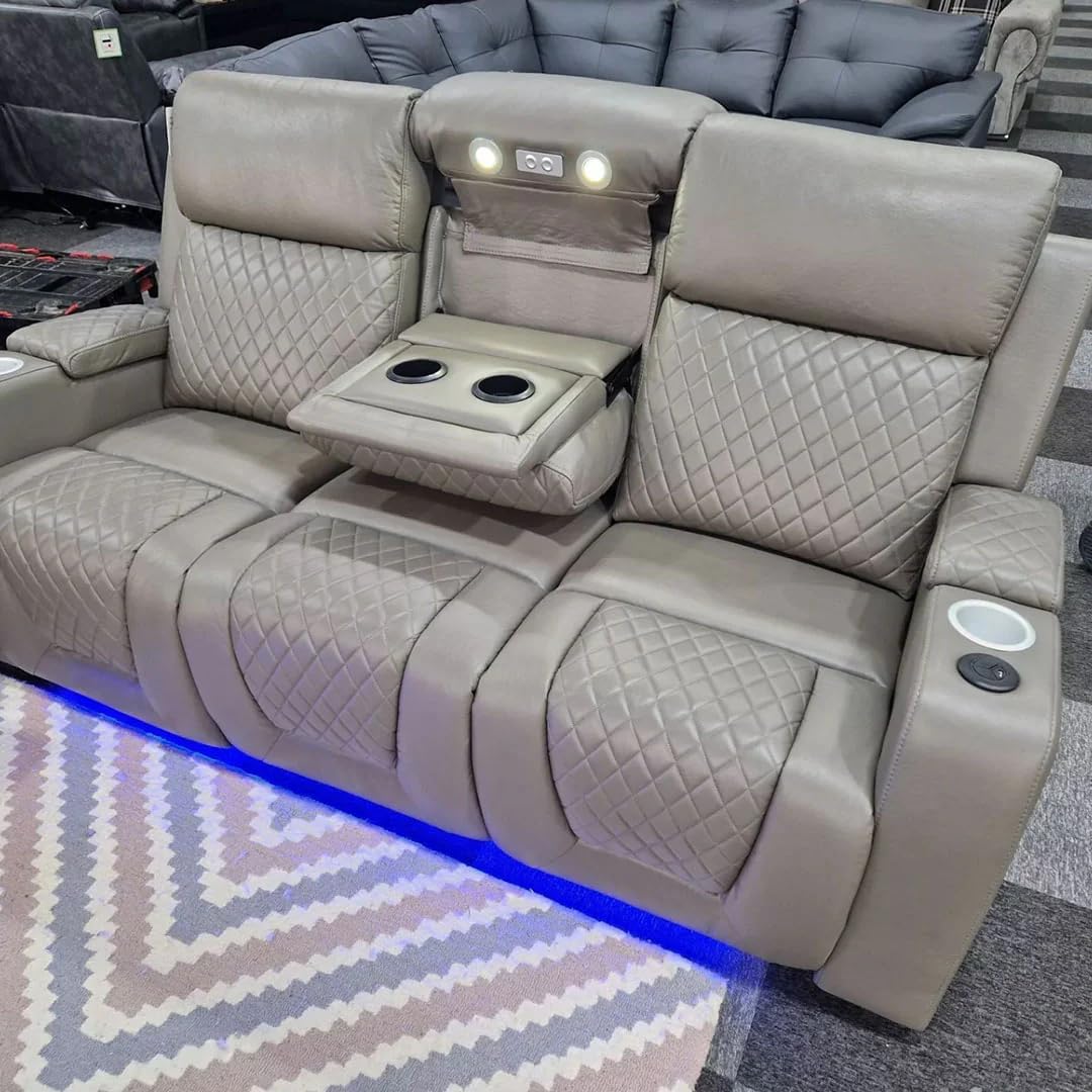 Florida Leather Electric Recliner Sofa Set with Cupholders, LED Lights, Wireless Charging, Bluetooth Speakers, and USB Ports – 3+2 Seater (Grey)