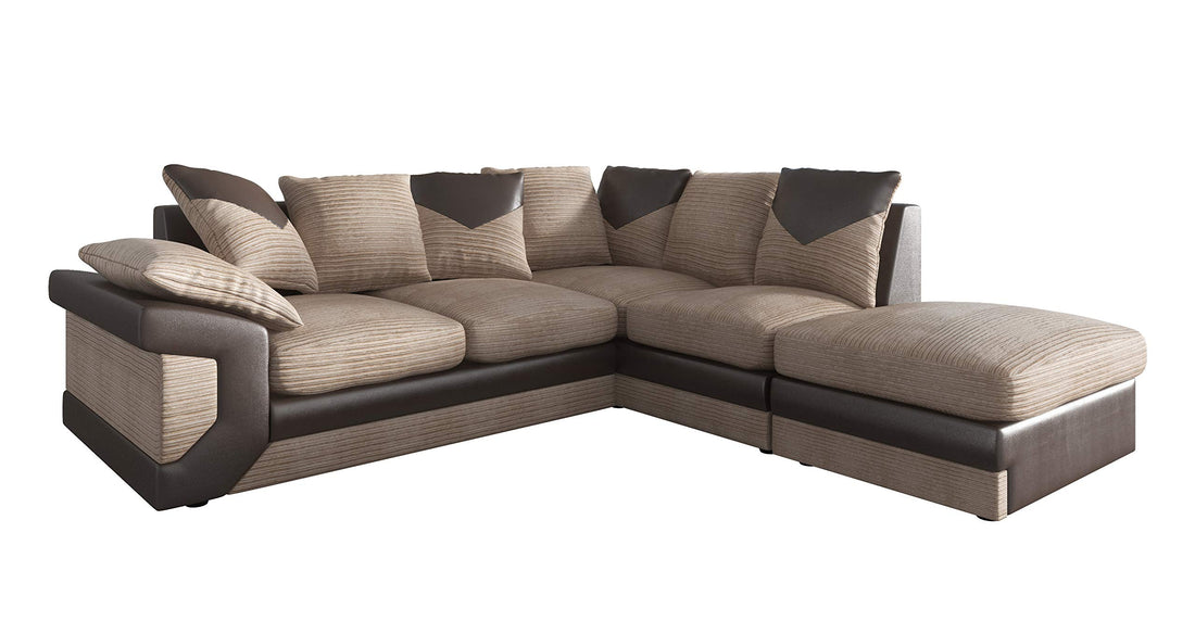 Amazing Sofas NEW LARGE DINO CORNER SOFA JUMBO CORD GREY BLACK OR BEIGE BROWN LEFT OR RIGHT(Grey Black right). Fire resistant as per British Standards, foam filled seats for comfort.