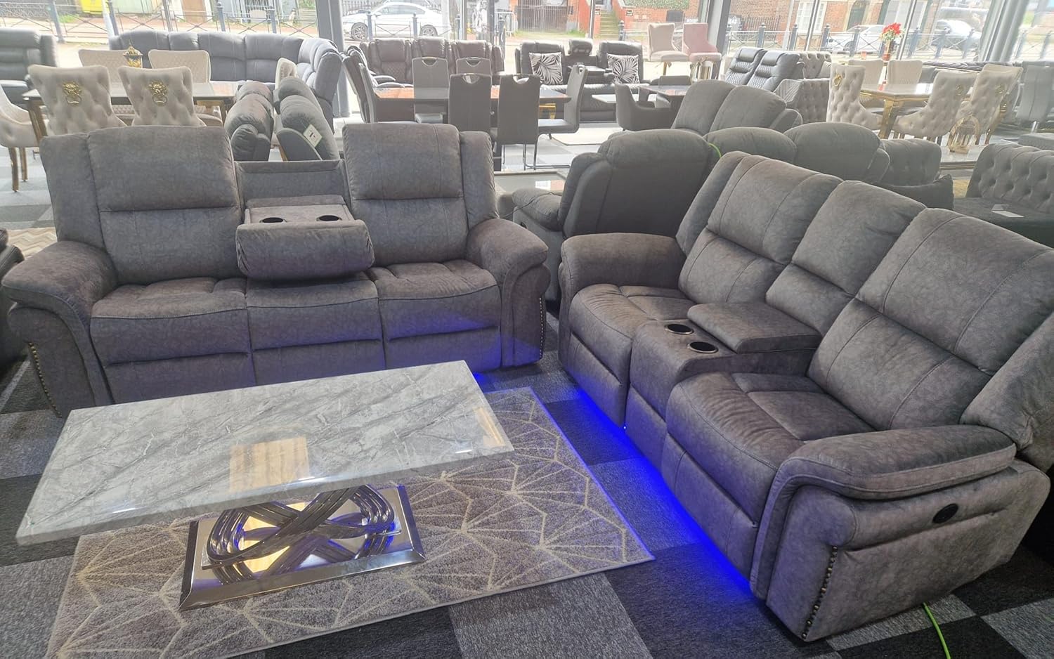 Berlin Fabric Electric Recliner Sofa With Cupholders, LED Lights And USB Charging Ports - Grey (3+2 Seater)