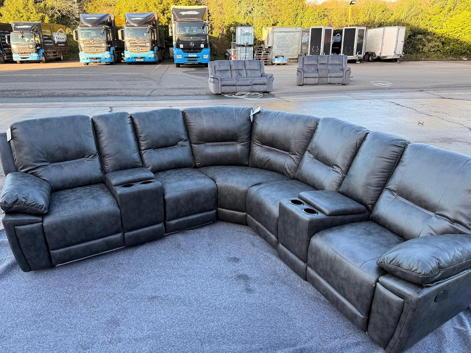 Sara Leather Electric Recliner Sofa With Cupholders - Leather Corner Sofa - USB Charging Ports - LED Lights - Grey