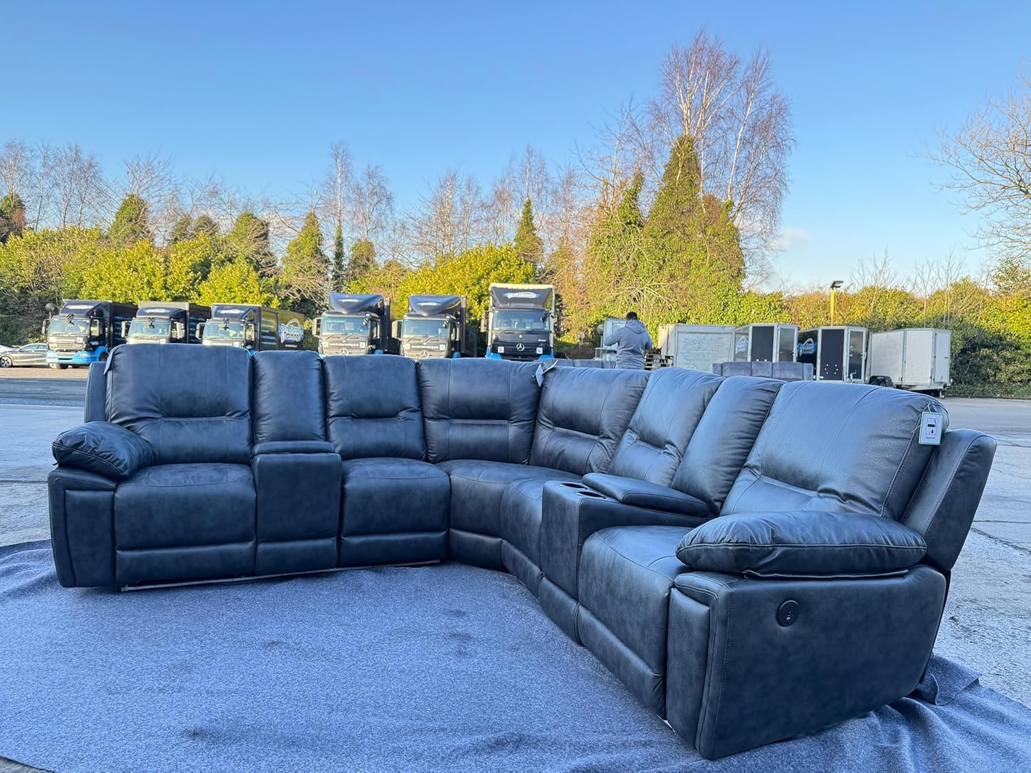 Sara Leather Electric Recliner Sofa With Cupholders - Leather Corner Sofa - USB Charging Ports - LED Lights - Grey