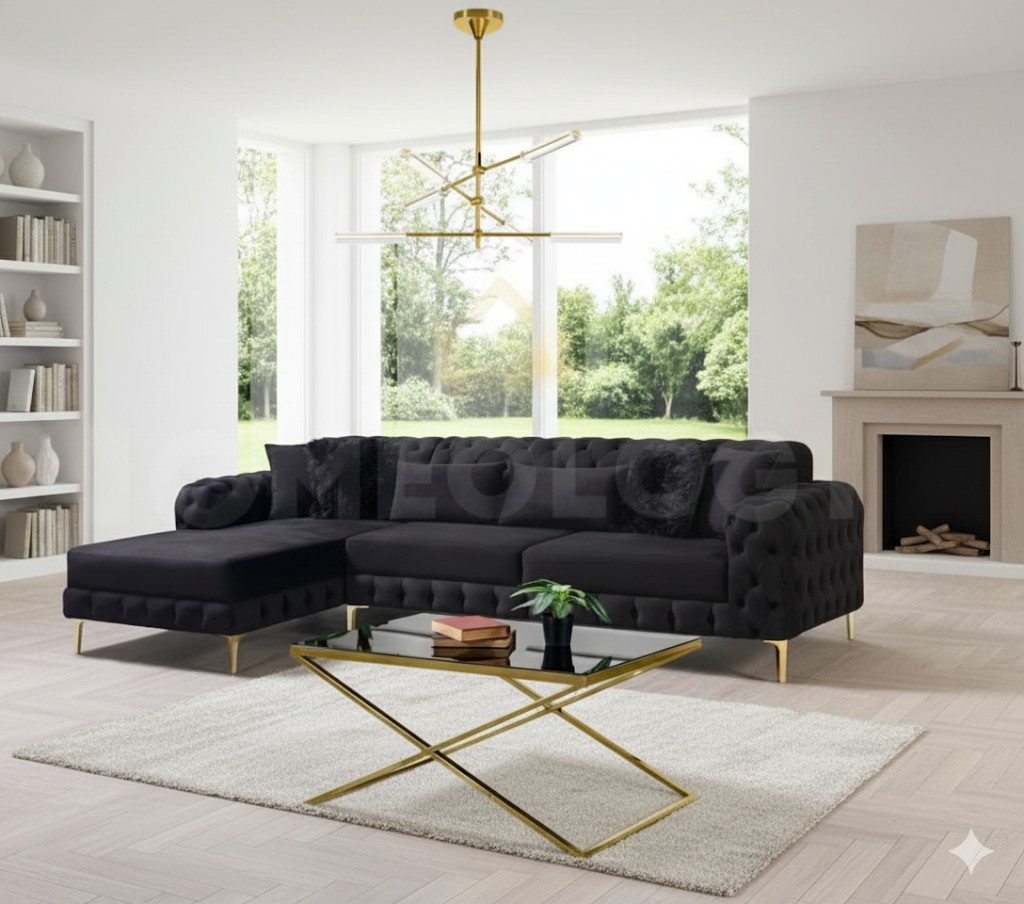 Luxury Chesterfield Corner Sofa – Velvet Upholstery with Gold Legs