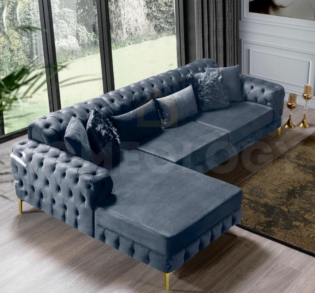 Luxury Chesterfield Corner Sofa – Velvet Upholstery with Gold Legs