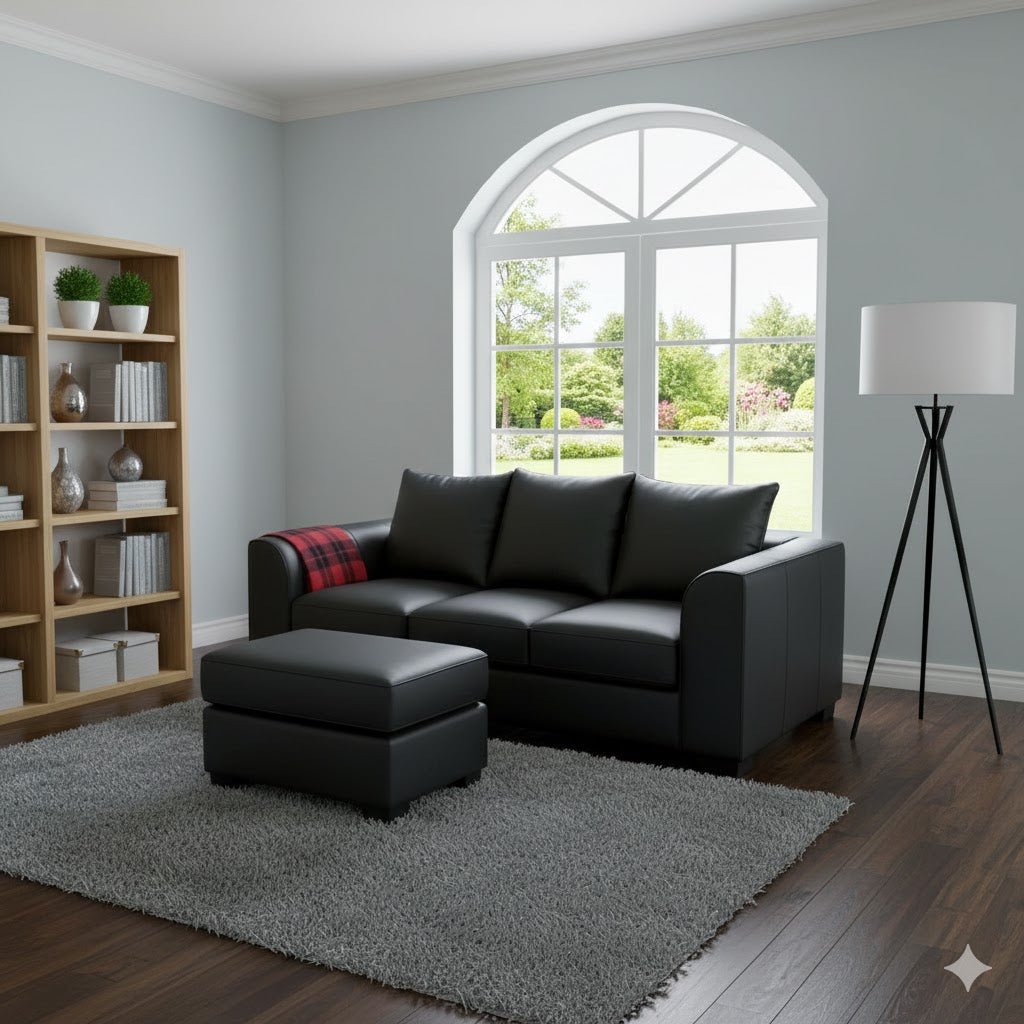 Luxury Black Faux Leather 3+2 Seater Sofa Set with Footstool